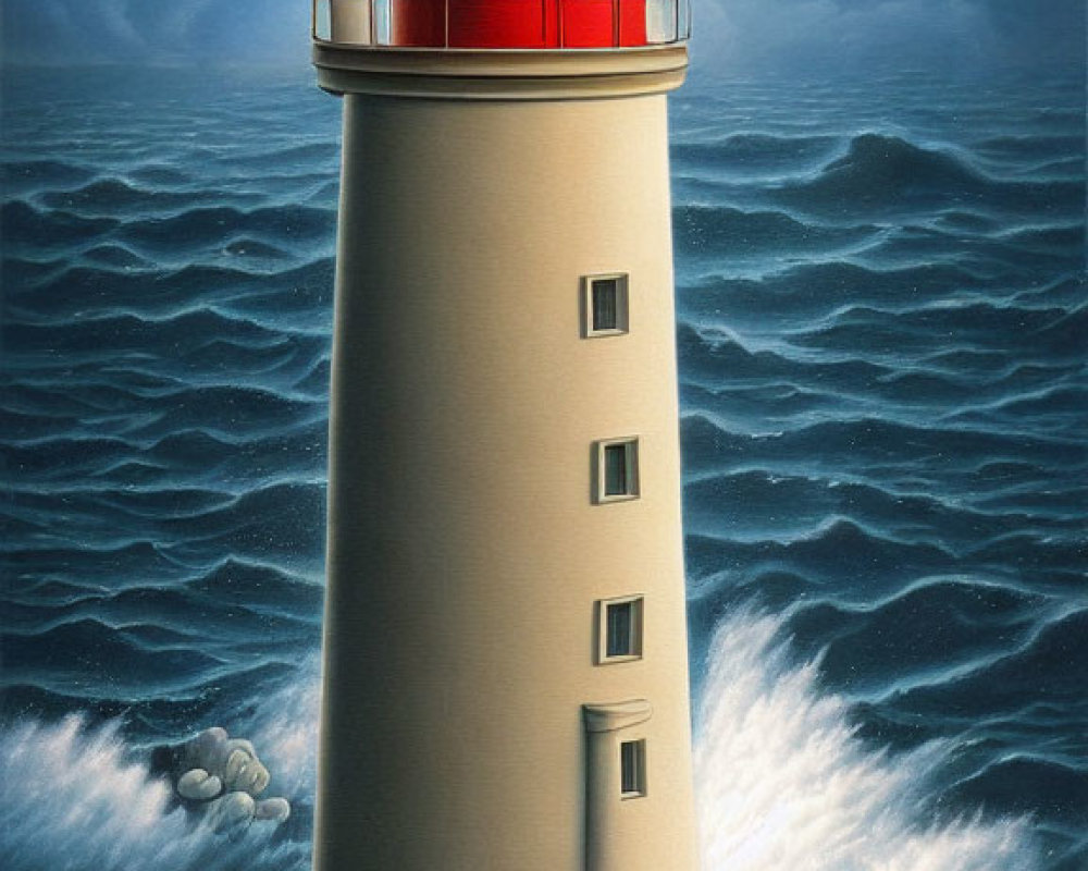 Surreal painting: lighthouse in ocean with swirling waves, birds, cloudy sky