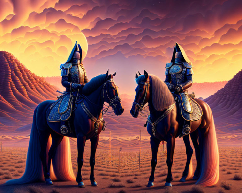 Two armored horses in surreal sunset with starry sky and undulating clouds