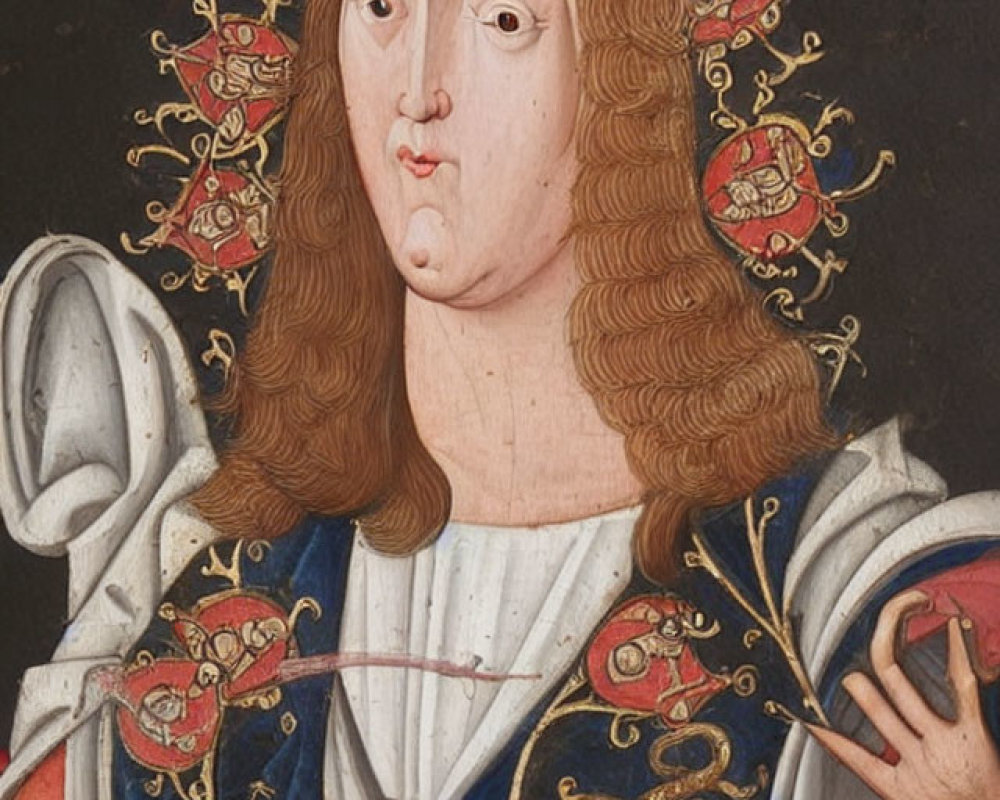 Historical portrait of a person in royal attire with long, wavy hair