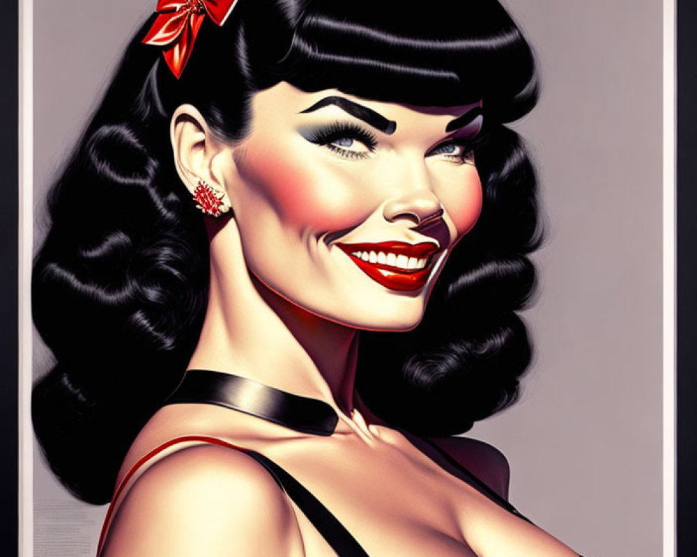 Vintage pin-up style illustration of a woman with red bow, wavy bangs, red lipstick,