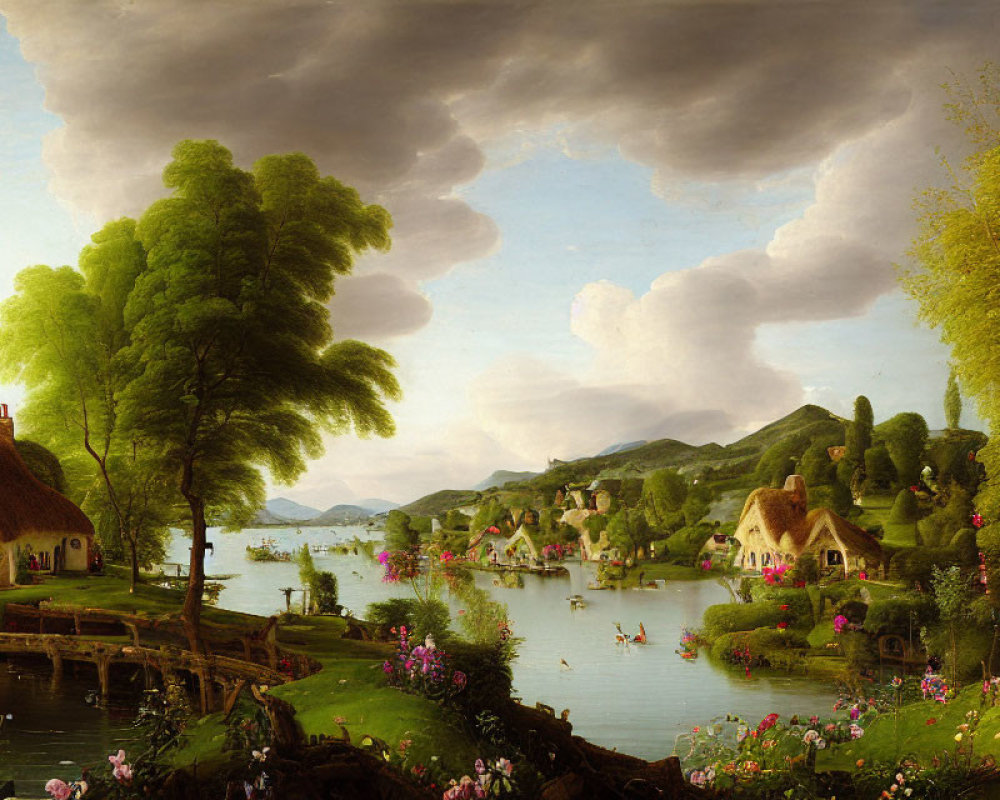 Tranquil village landscape with thatched cottages, serene lake, and dramatic clouds