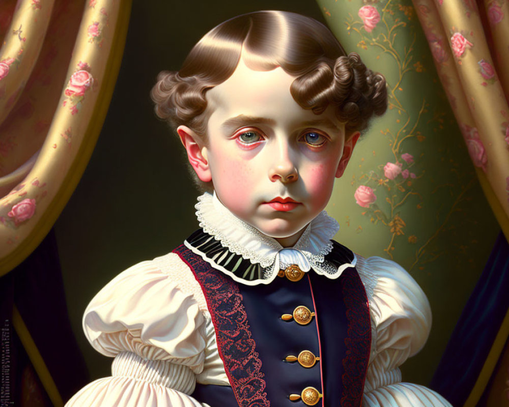 Stylized portrait of young child in vintage blue and white outfit