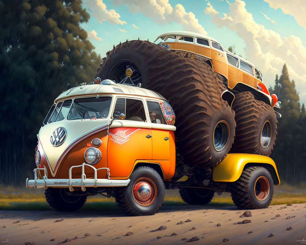 Illustrated Volkswagen bus with monster truck tires in forest clearing