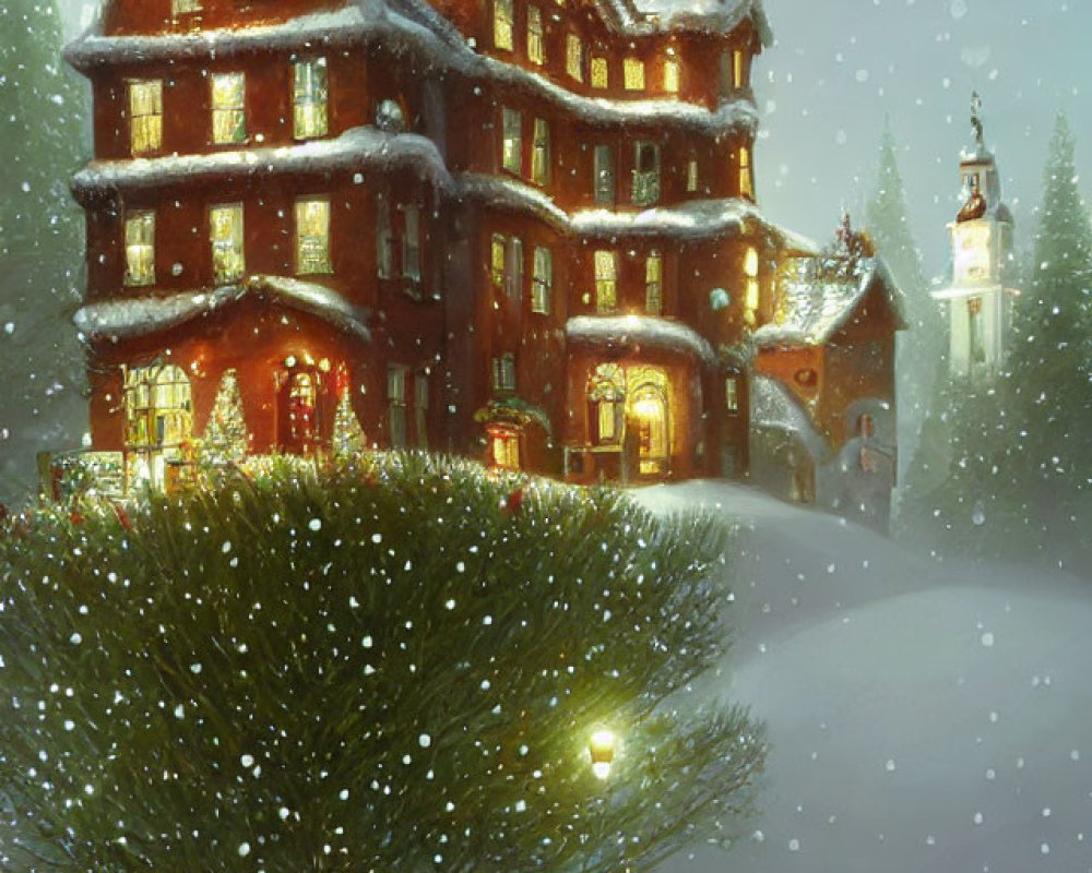 Victorian-style house with warm lights in snowy evening scene