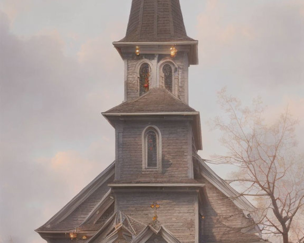 Old picturesque church with tall spire in serene misty setting