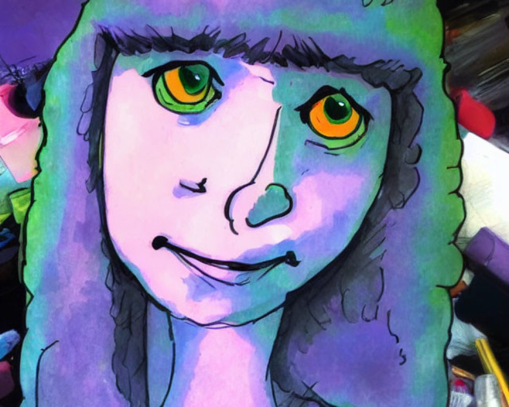 Stylized face with green eyes, purple skin, and curly hair, art supplies in background