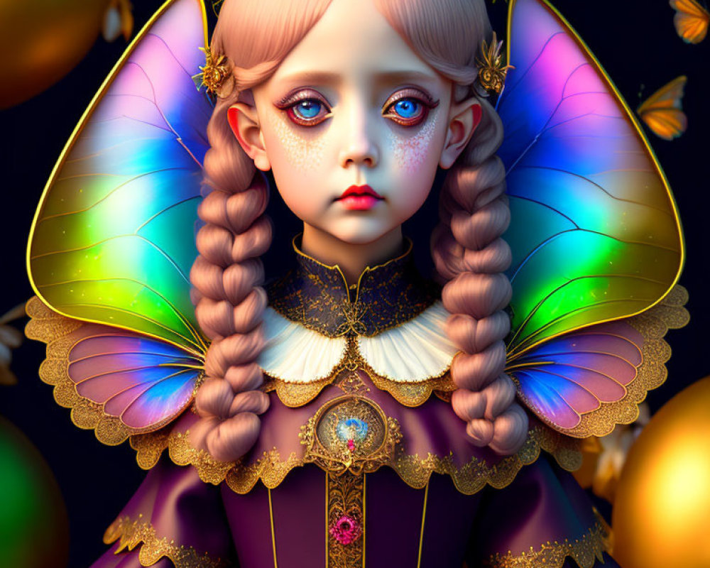 Digital artwork of a girl with butterfly wings and braided hair in a vintage dress with gold and jewels