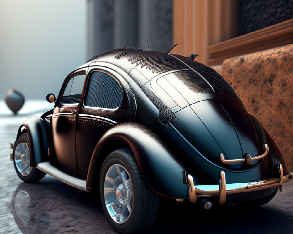 Vintage black car parked on cobbled street with classic buildings