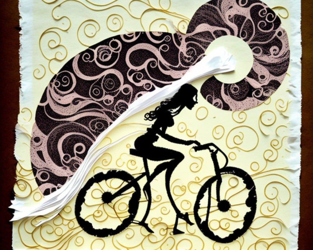 Silhouette of girl biking with flowing hair on paisley-swirl cream background