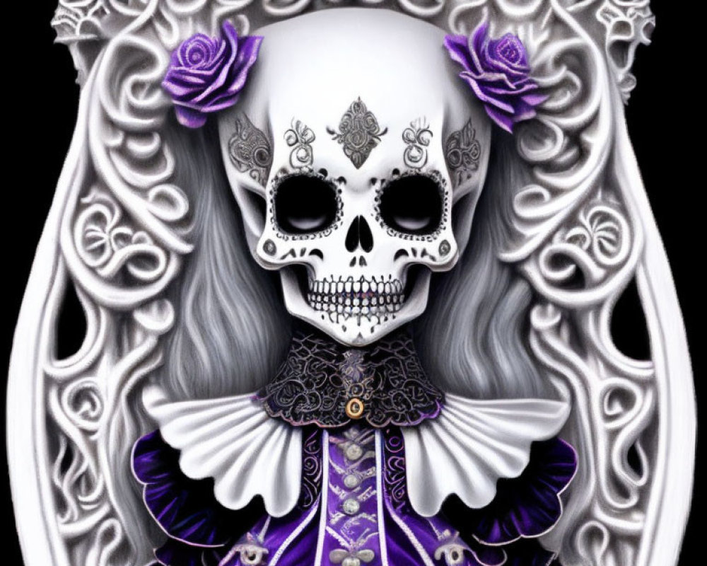 Stylized skull portrait with ornate decorations on baroque backdrop