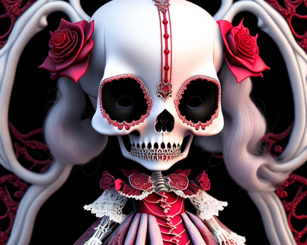 Stylized skull with red jewels and roses on gothic background