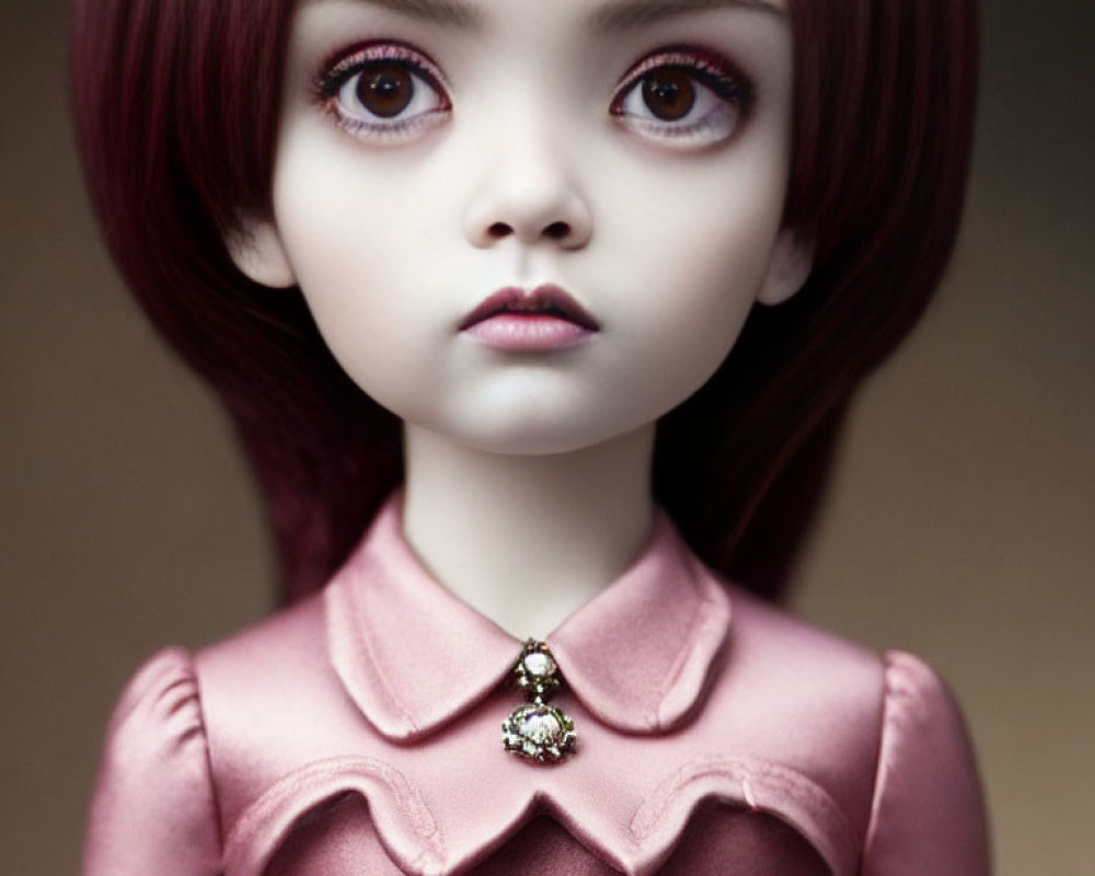 Close-up of doll with large expressive eyes, auburn hair, pink outfit & necklace