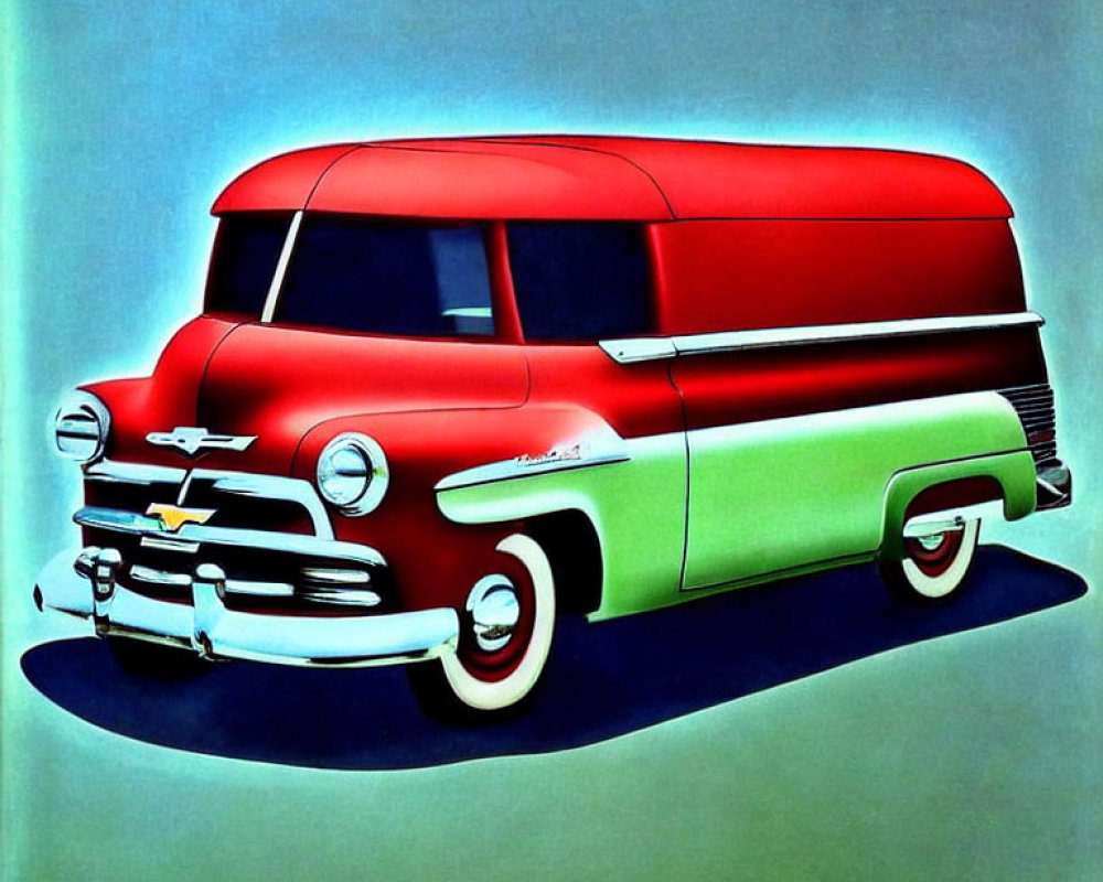 Illustration of vintage Chevrolet panel van on blue background with artistic signature