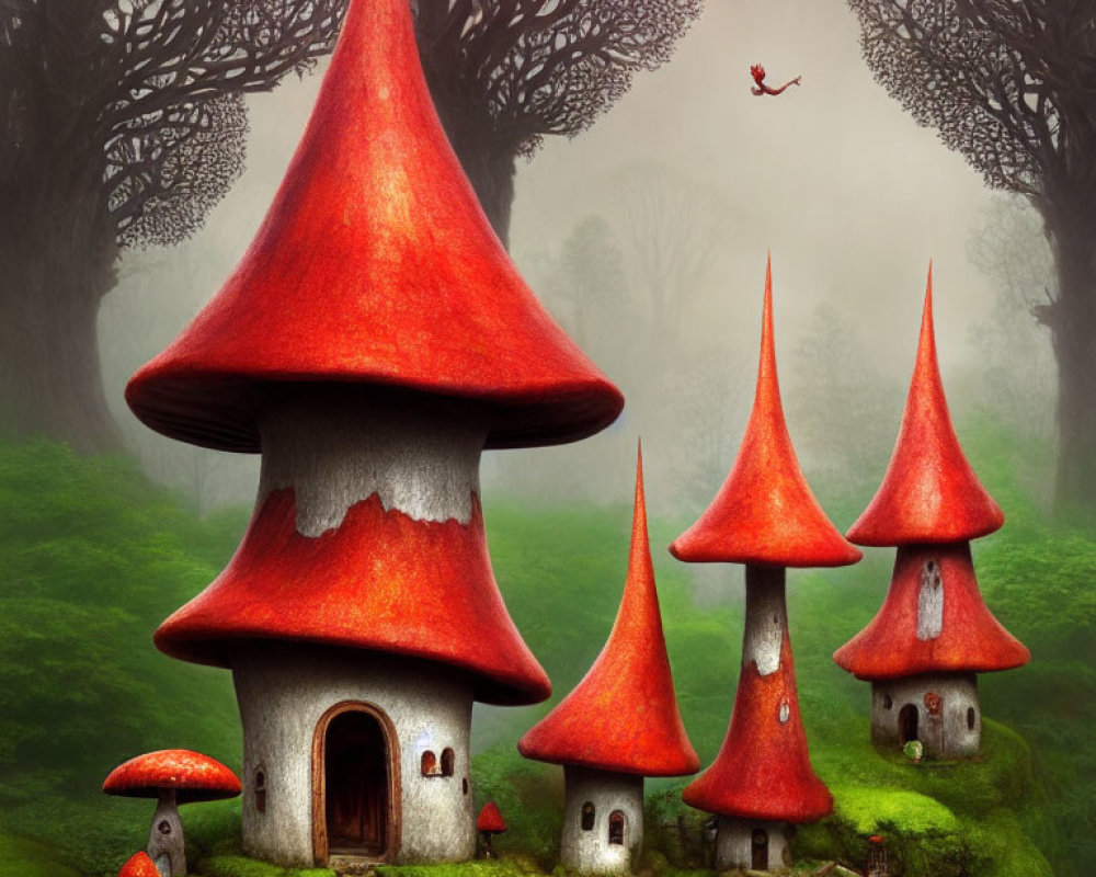 Enchanted forest scene with mystical red-capped mushroom houses