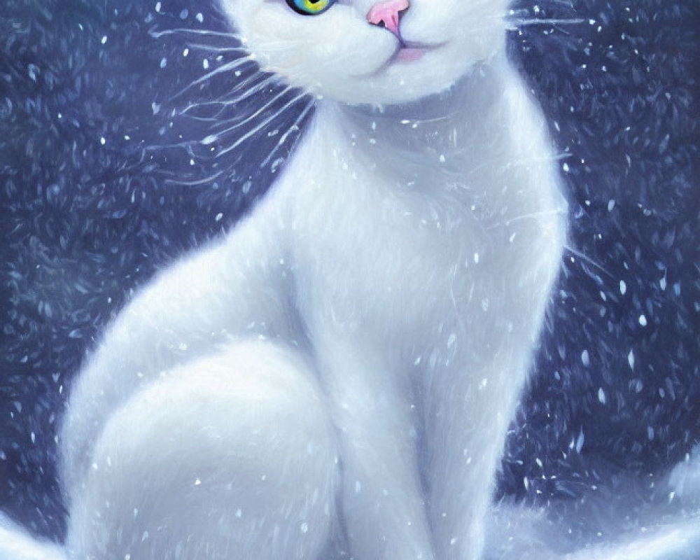 White Cat with Blue Eyes in Snowfall