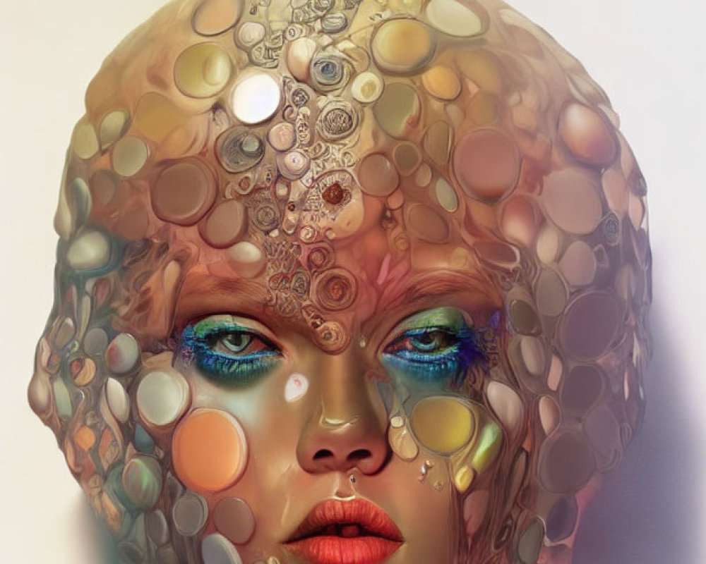 Abstract portrait with patterned, translucent overlay of circles and intricate designs