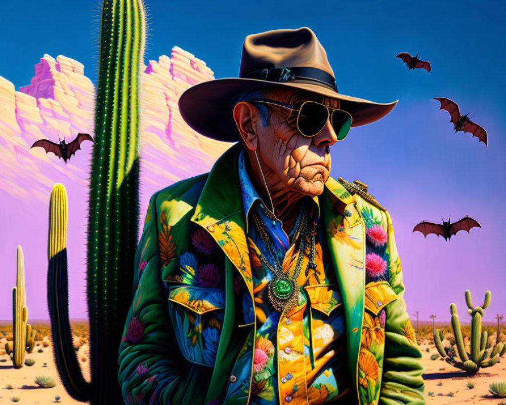 Colorful portrait of a man in floral jacket and cowboy hat in desert setting