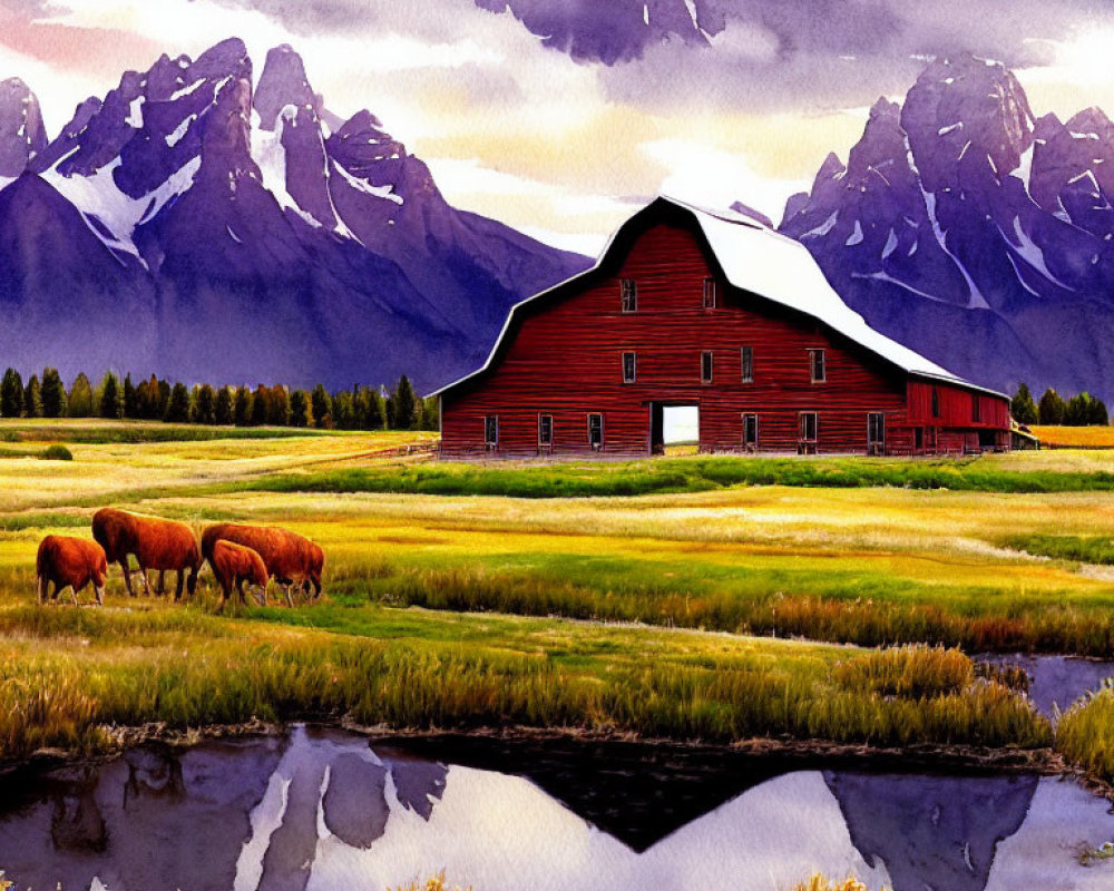 Scenic painting of red barn, mountain, bison, and water reflection