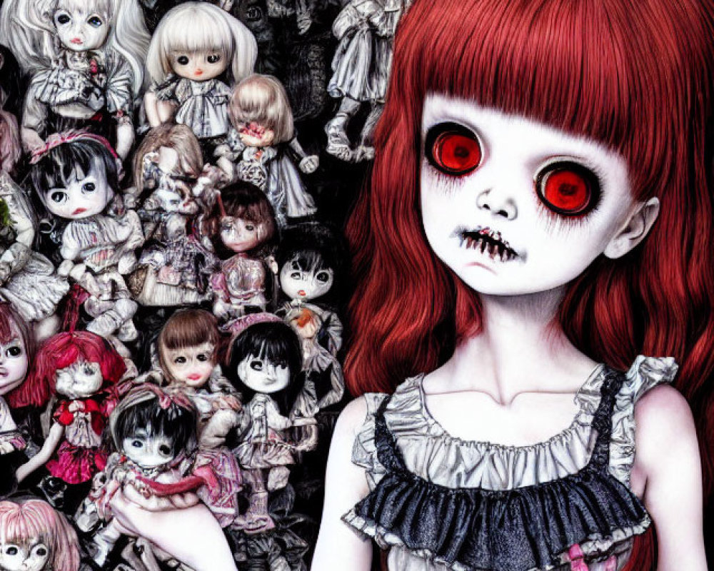 Red-eyed girl surrounded by eerie dolls and skulls in black, white, and red tones.