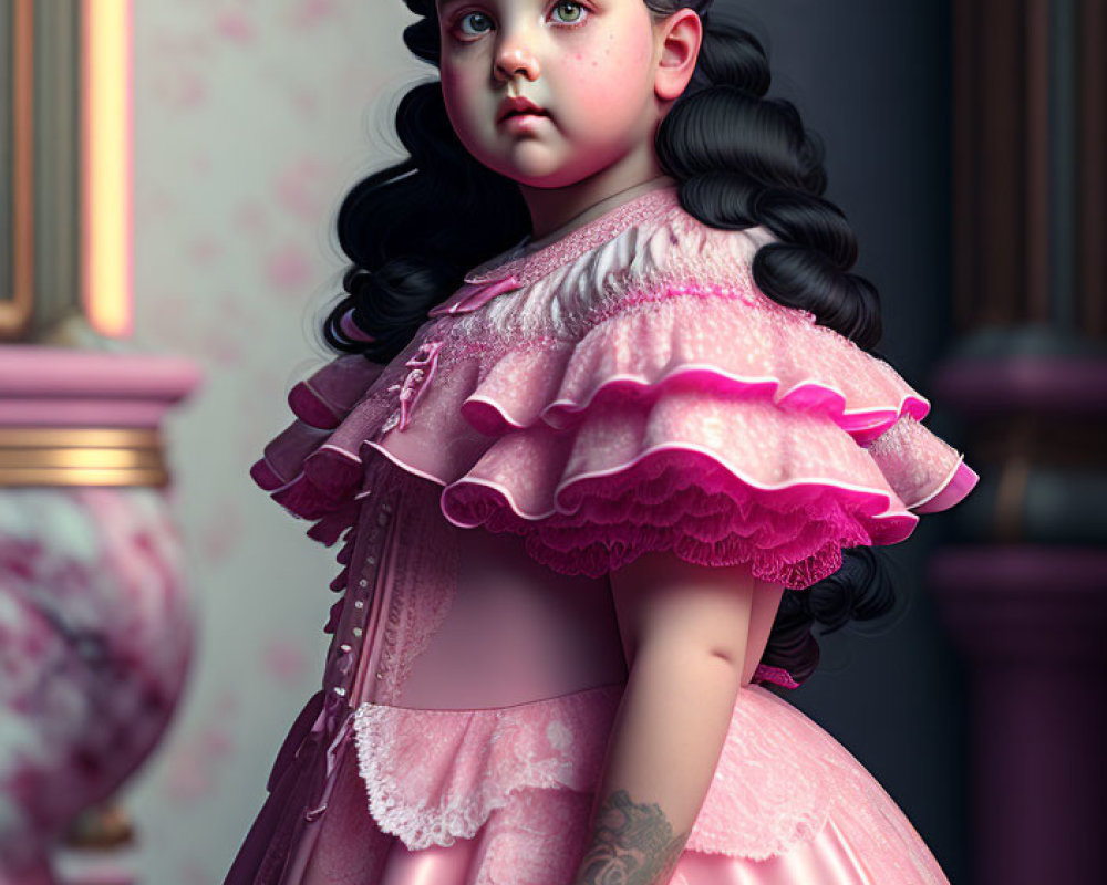 Digital rendering of young girl in pink ruffled dress with black hair