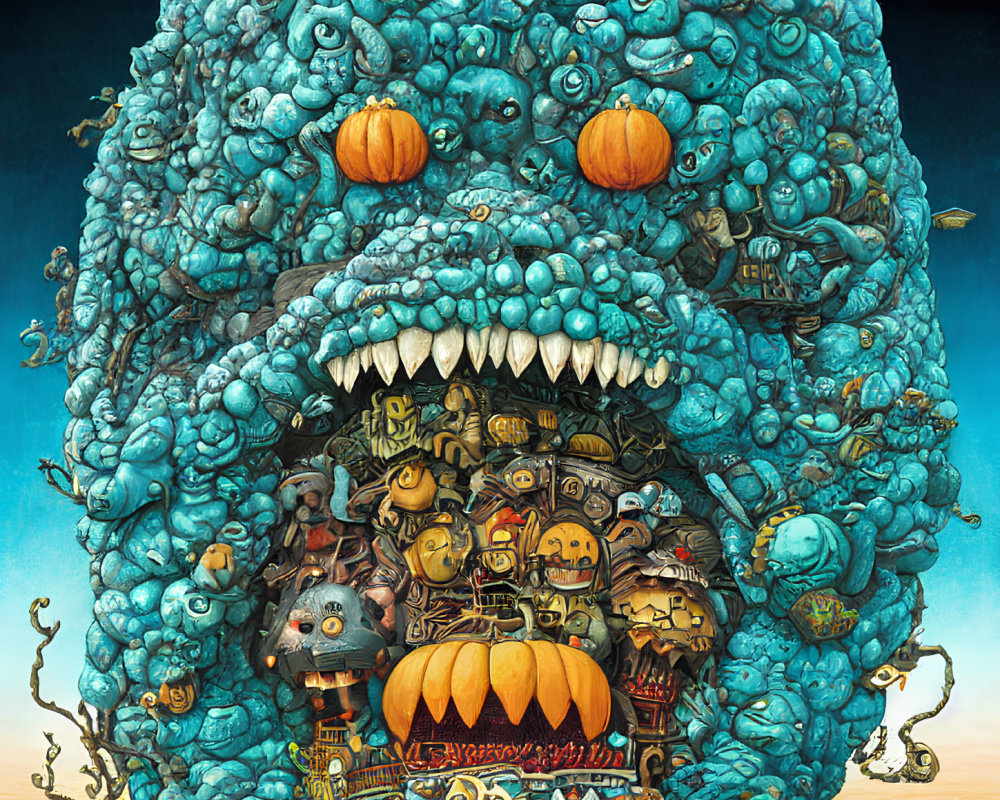 Monstrous Blue Entity with Pumpkin Eyes and Halloween Creatures