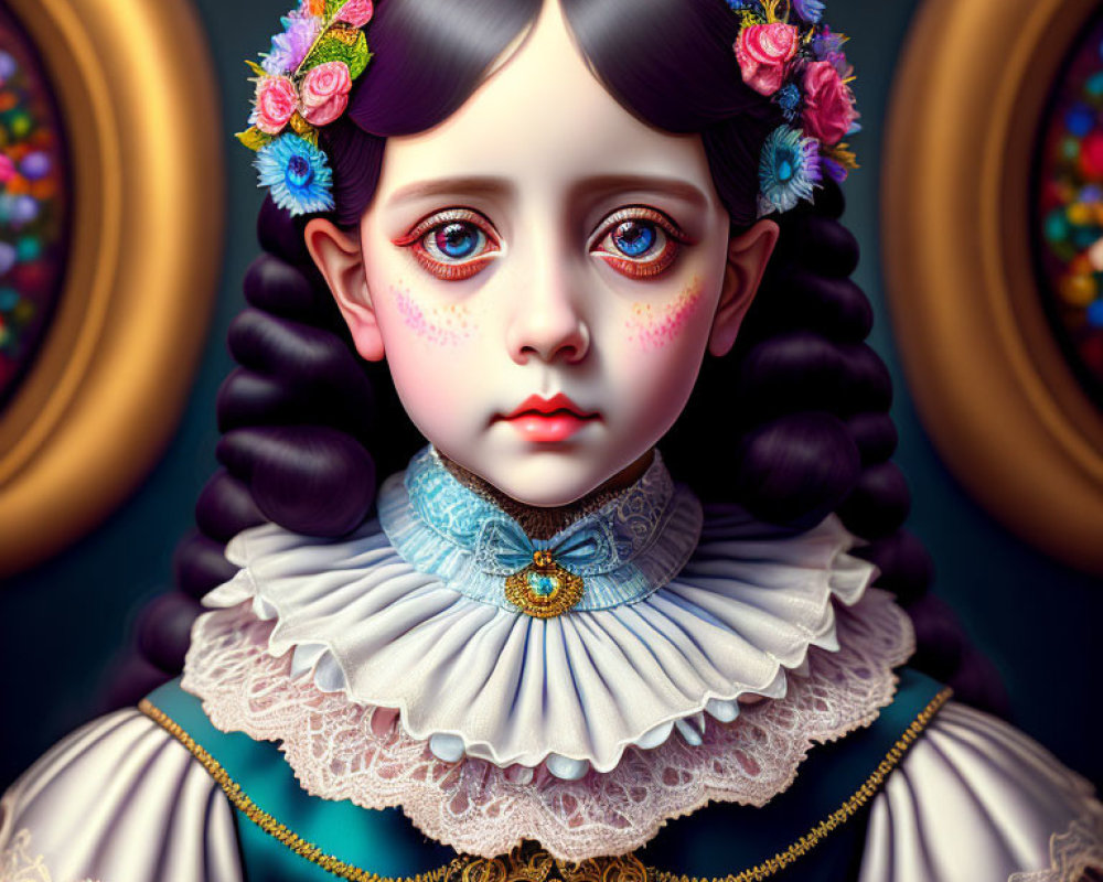 Surreal illustration of a girl with sad eyes, ringlet hair, ruffled collar dress,