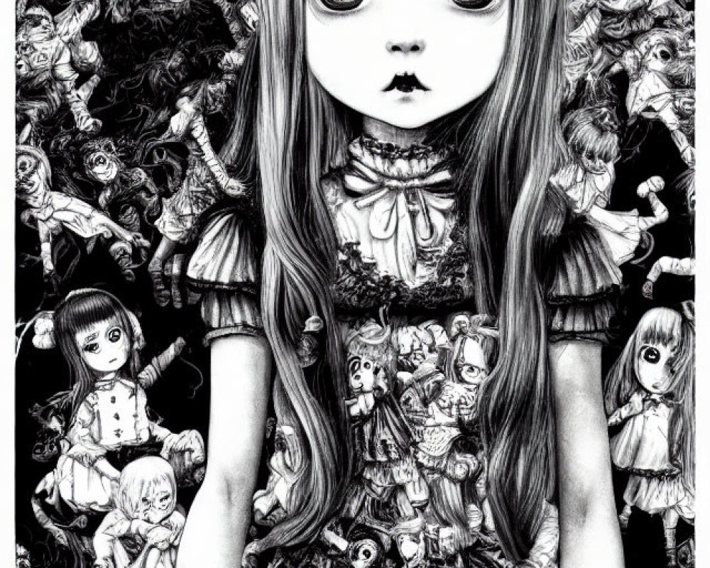 Monochrome illustration of wide-eyed girl and gothic dolls