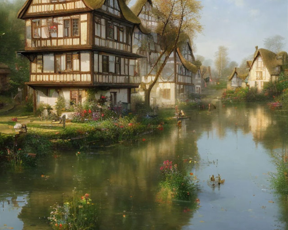 Tranquil river by traditional half-timbered house in a serene village setting