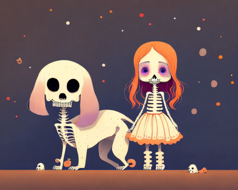 Cartoonish skeletal girl with skeleton dog on leash in dark setting