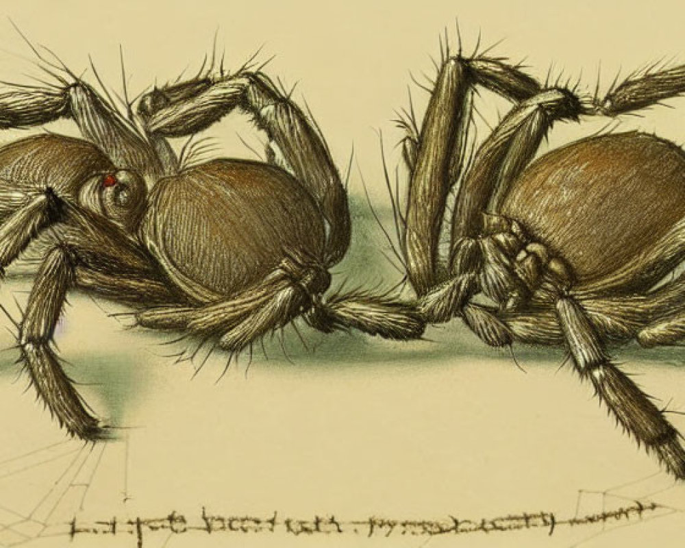 Sketches of spiders with fangs and hairy legs on a drawn web