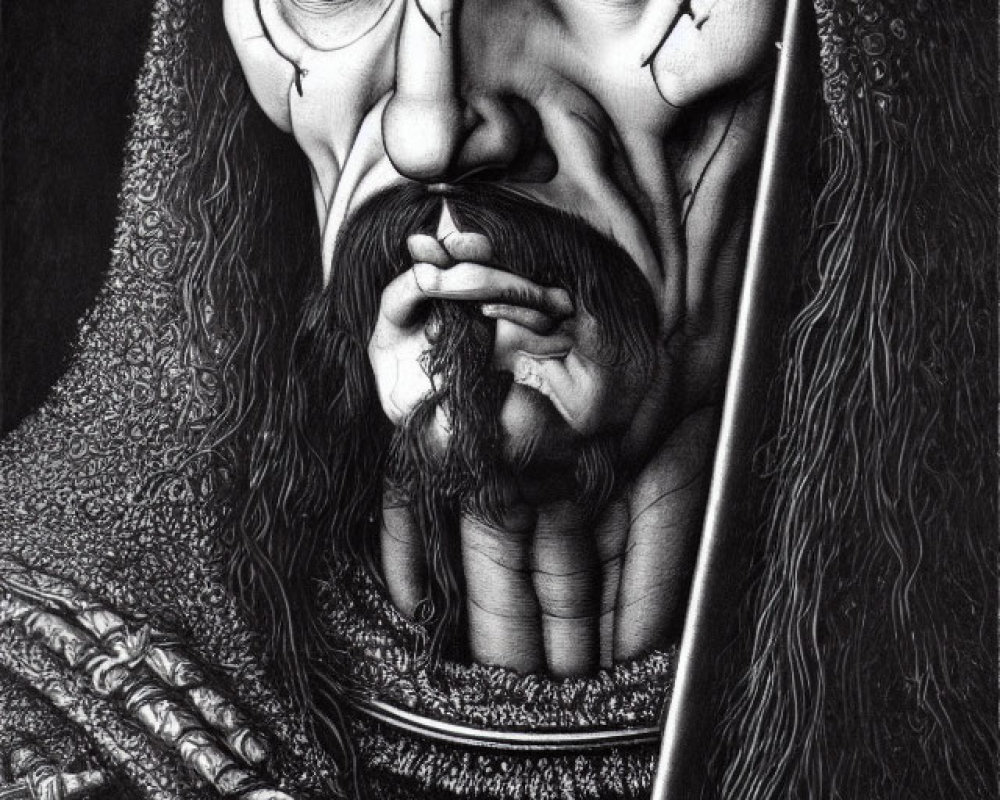 Monochrome artwork of stern, bearded man in armor with scepter.