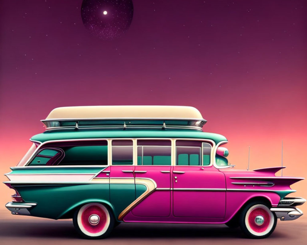 Vintage Two-Tone Station Wagon with Surfboard Under Twilight Sky