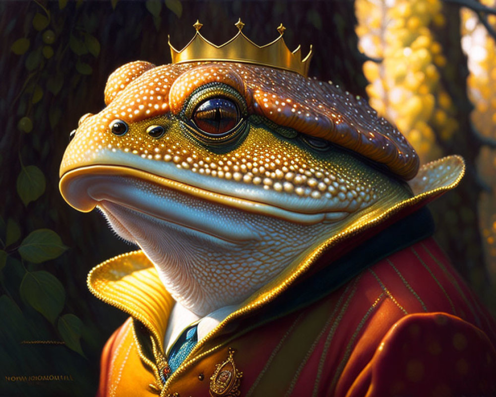 Majestic frog with golden crown and red cloak in forest scene