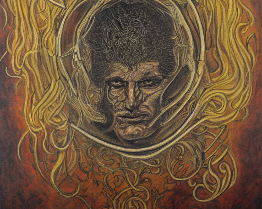 Male face in ornate circular frame with swirling golden patterns on fiery red background