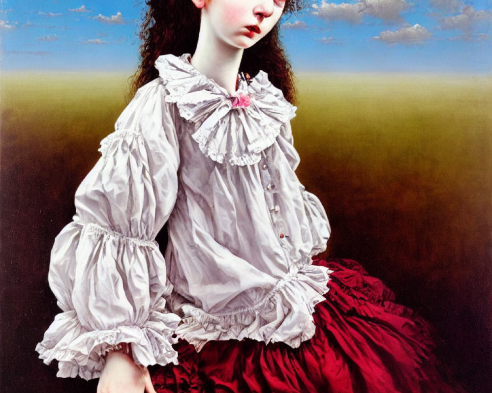 Portrait of young girl in white blouse and red skirt under dramatic sky