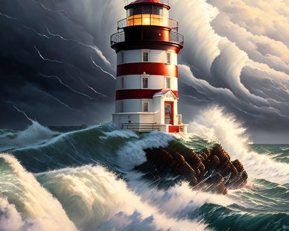 Resilient lighthouse on rocky shore under stormy sky