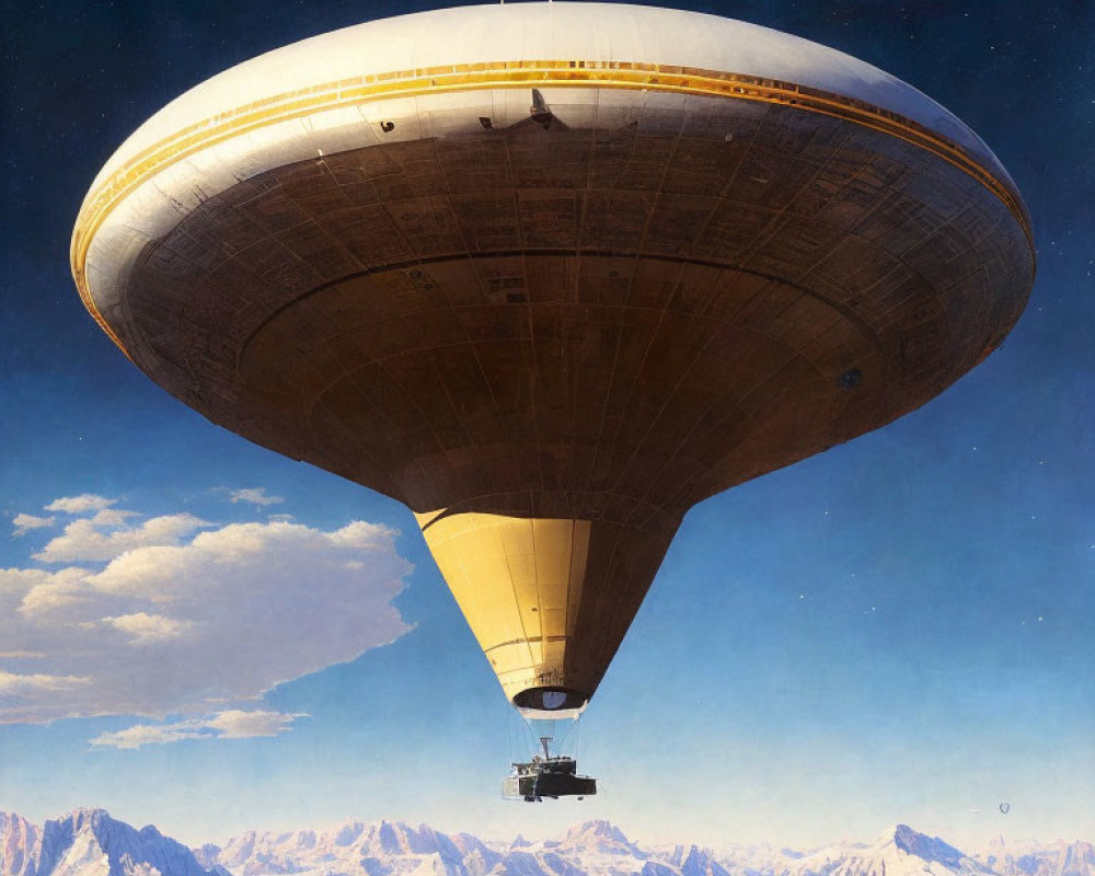 Futuristic airship over snowy mountain landscape