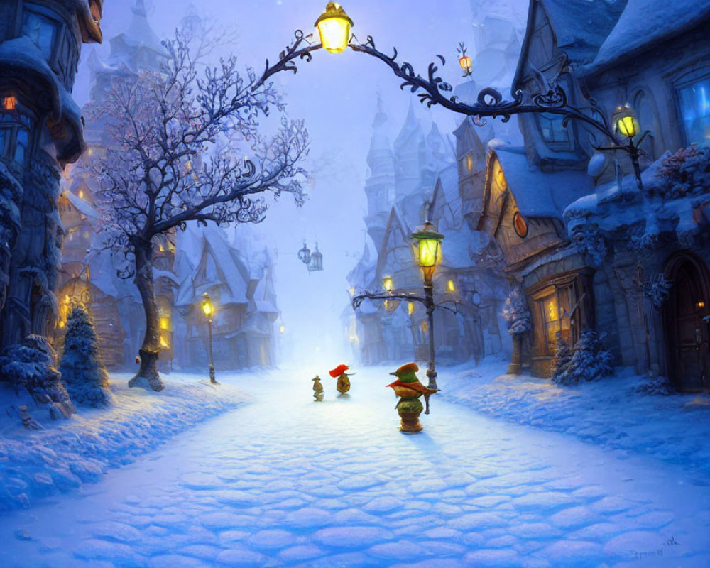 Small characters in red and green outfits stroll through a snow-covered village at twilight