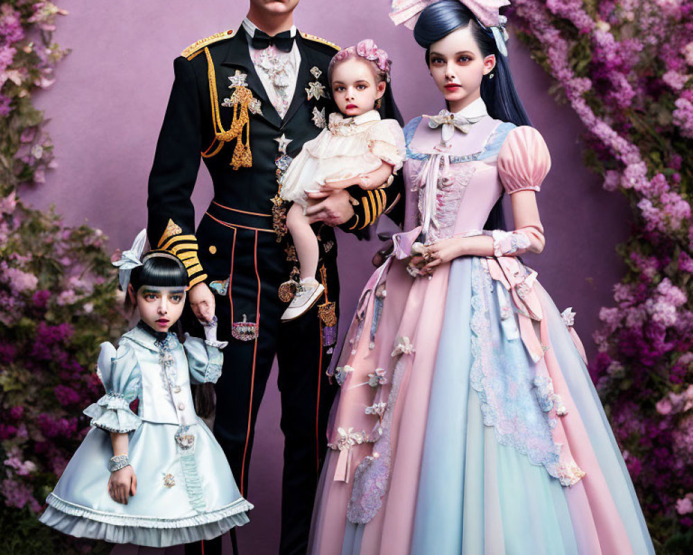 Vintage Family Portrait with Military Man, Woman in Pastel Gown, and Girls in Frilly Dresses