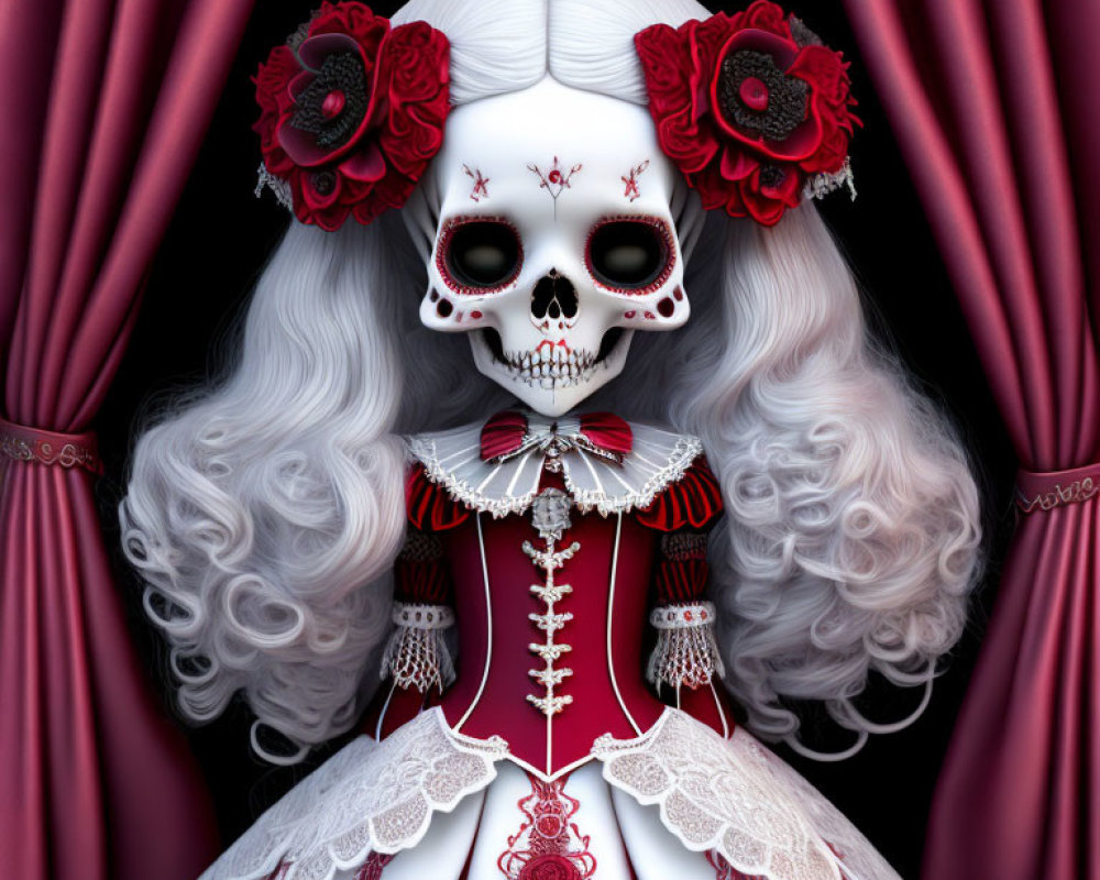 Day of the Dead Female Figure with Skull Makeup and Red Roses in Red and White Gown