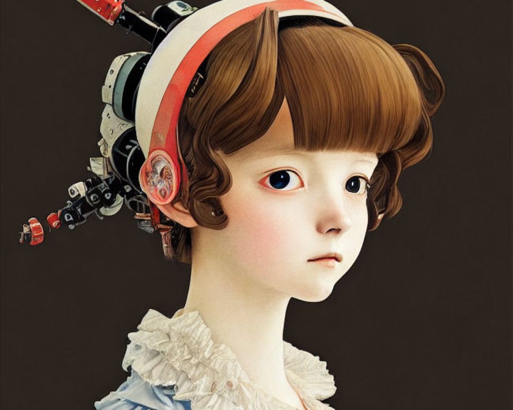 Girl in Vintage Dress with Robotic Elements in Hairstyle