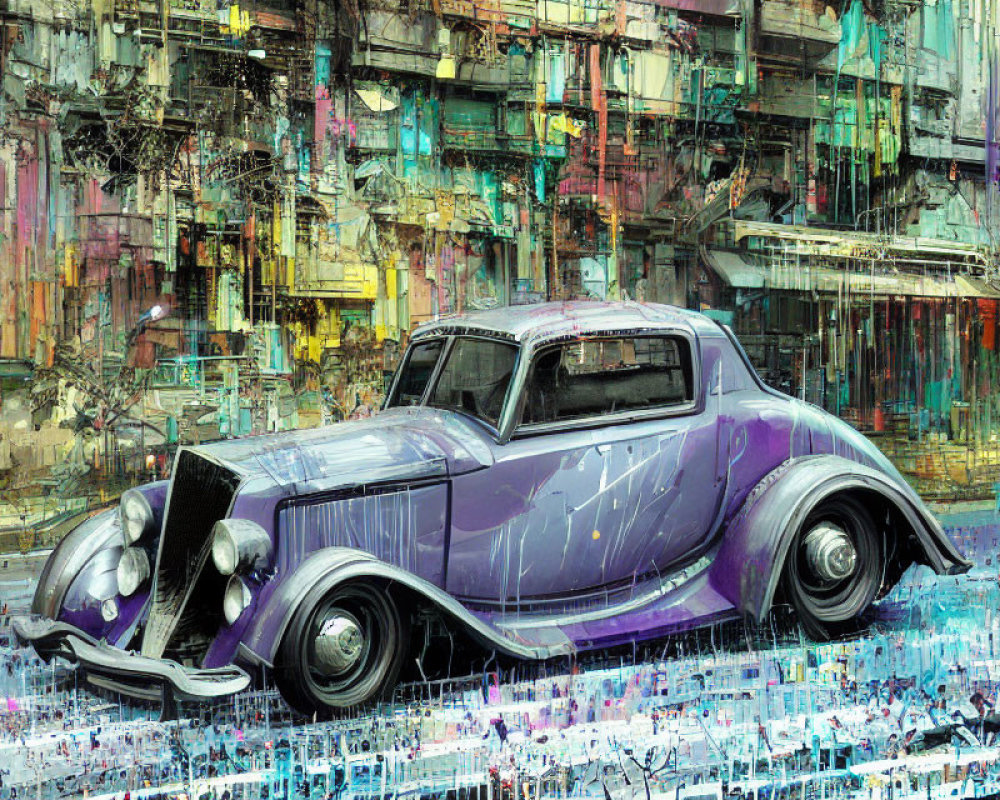 Purple Vintage Car Against Abstract Glitch Art Background