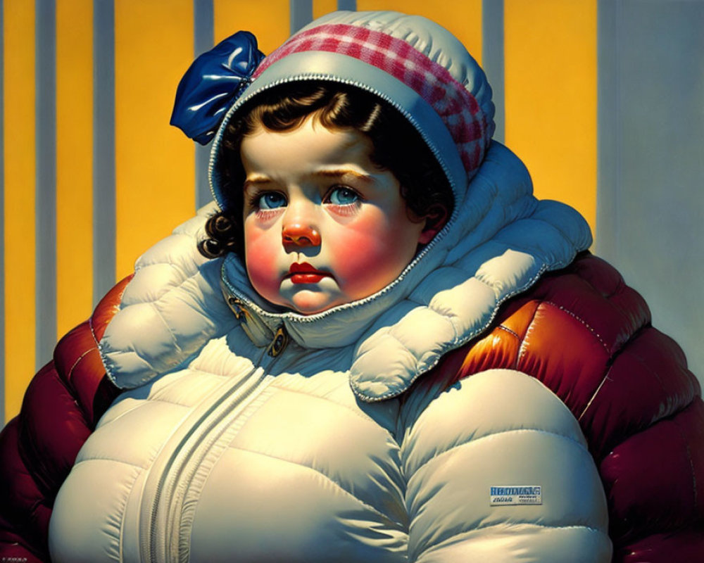 Child in White and Red Puffy Jacket with Checkered Hood and Blue Bow on Yellow Striped Background