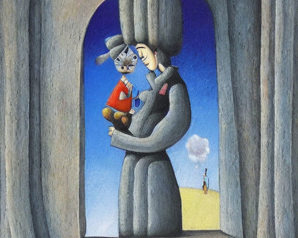 Whimsical illustration of figure with elongated arms holding creature in stone archway setting