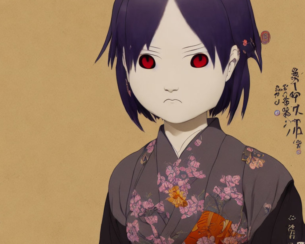 Purple-haired anime character in kimono with red eyes on beige background.