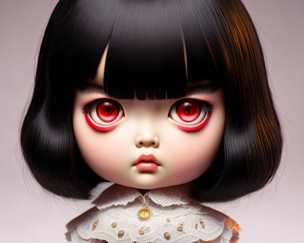 Detailed image: Doll with large red eyes, short black hair with brown streaks, ruffled white