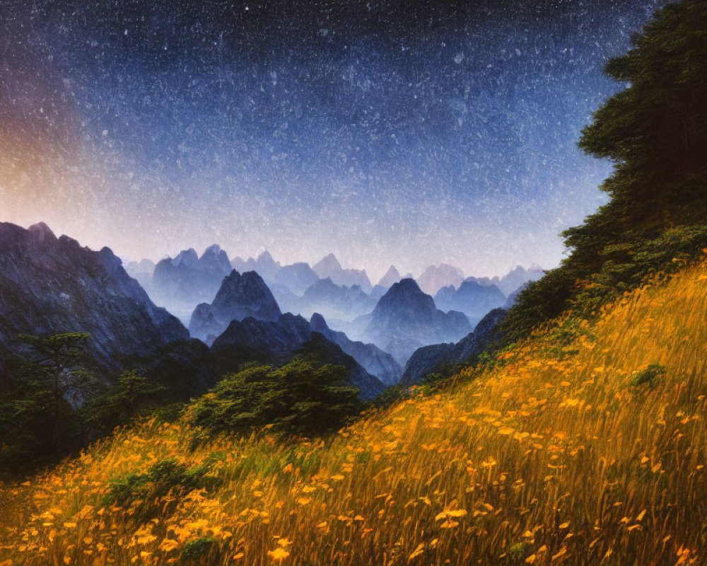 Starry Night Sky Over Mountain Meadow with Wildflowers