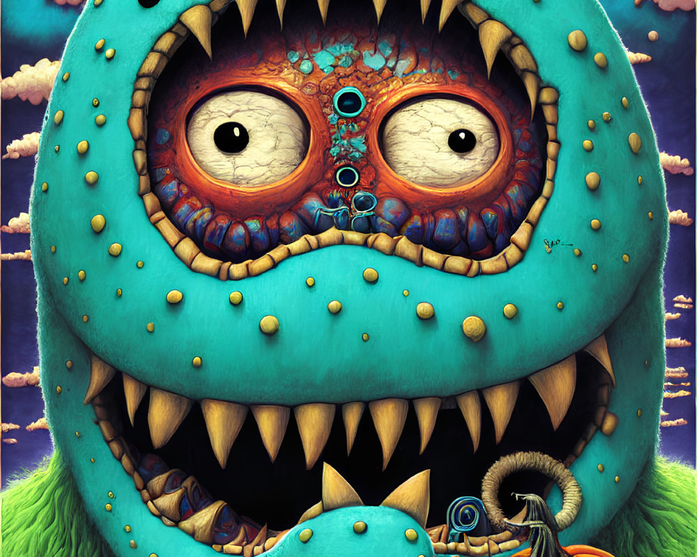 Colorful Cartoon Monster with Large Eyes and Sharp Teeth