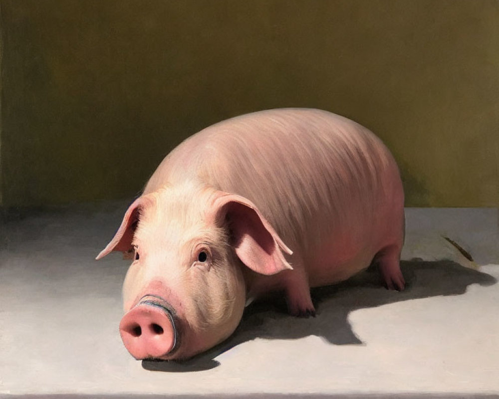 Realistic Pink Pig Painting on Gray Surface and Beige Background