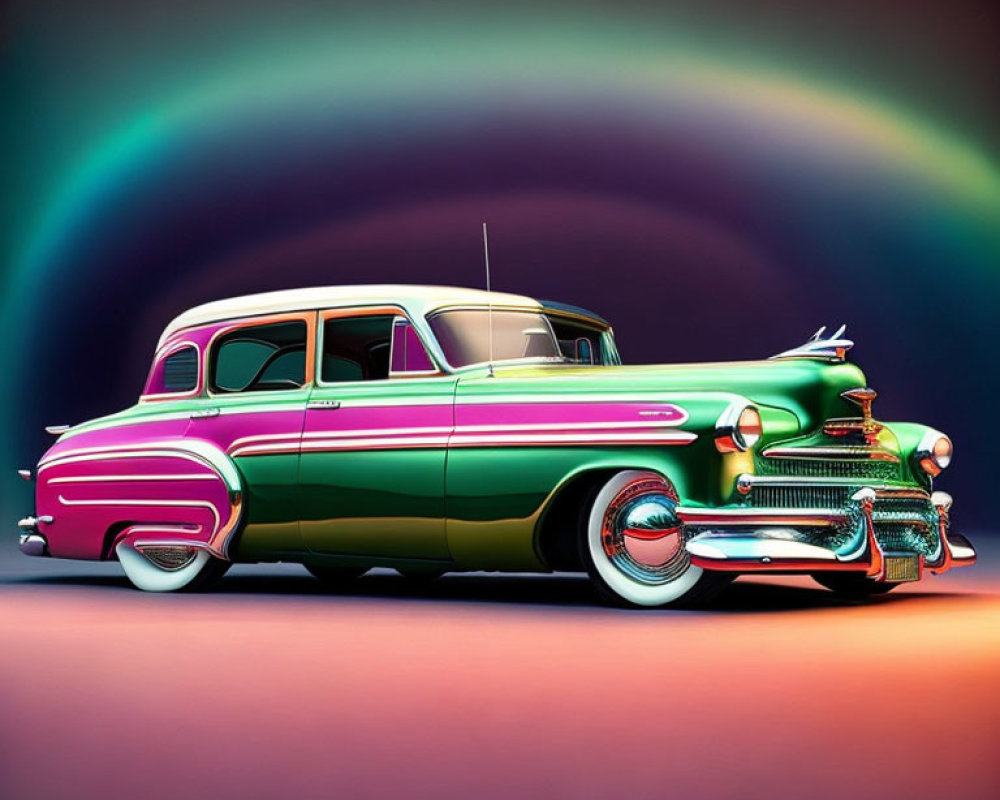 Vintage Car with Pink and Green Chrome Details on Neon Rainbow Arch Background